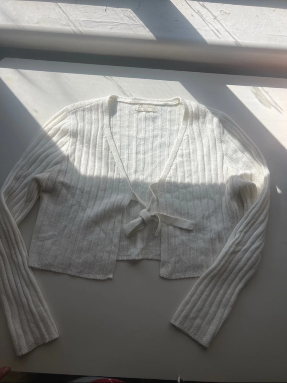 Cream Ribbed Tie-Front V-Neck Cardigan - Picture 2 of 5